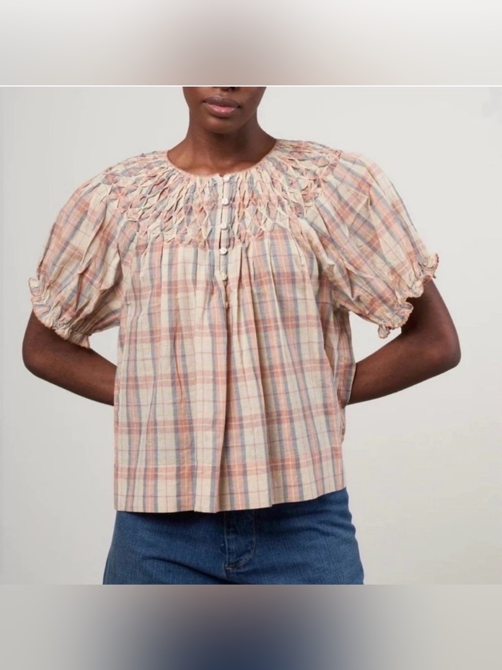 The Great Plaid Smocked Puff Sleeve Peasant Blouse